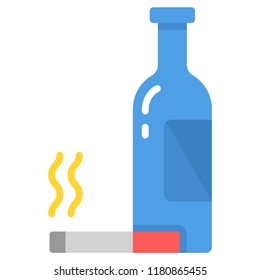 Beer bottle with cigarette vector illustration in flat color design