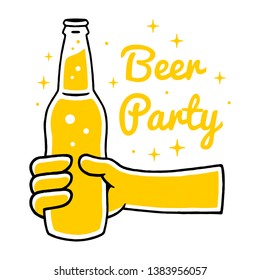 Beer Bottle. Clink. Clinking Beer Bottle. Hand-drawn Bttle. Beer Festival. Bottle of Beer in Hand on white background isolated. Stock Vector Illustration. Cartoon style