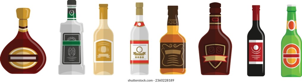 beer bottle clipart design. wine bottle with labels. vector illustration. wine glass and bottle set. various shapes bottle. winemaking alcohol bar. restaurant vector. set of icon vector.