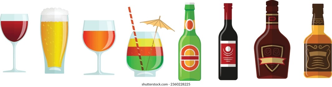 beer bottle clipart design. wine bottle with labels. vector illustration. wine glass and bottle set. various shapes bottle. winemaking alcohol bar. restaurant vector. set of icon vector.