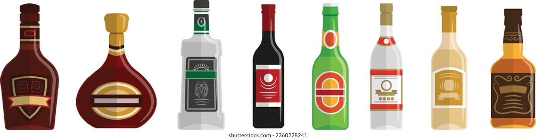 beer bottle clipart design. wine bottle with labels. vector illustration. wine glass and bottle set. various shapes bottle. winemaking alcohol bar. restaurant vector. set of icon vector.