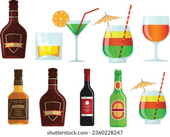 beer bottle clipart design. wine bottle with labels. vector illustration. wine glass and bottle set. various shapes bottle. winemaking alcohol bar. restaurant vector. set of icon vector.