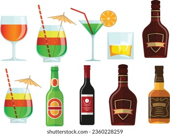 beer bottle clipart design. wine bottle with labels. vector illustration. wine glass and bottle set. various shapes bottle. winemaking alcohol bar. restaurant vector. set of icon vector.