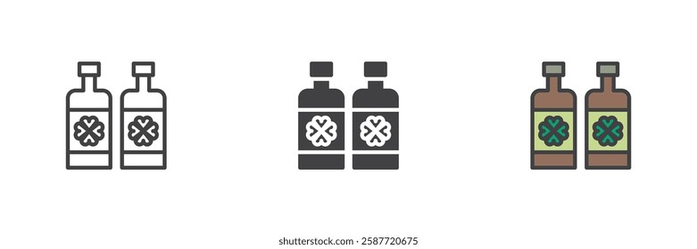 Beer bottle with clover different style icon set. Line, glyph and filled outline colorful version, outline and filled vector sign. Symbol, logo illustration. Vector graphics