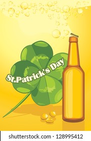 Beer bottle and clover leaf. Congratulation with St. Patrick's Day. Vector