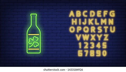 Beer bottle with clover on label neon sign. Saint Patricks Day and bar design. Night bright neon sign, colorful billboard, light banner. Vector illustration in neon style.