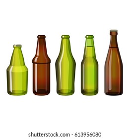 Beer bottle collection empty and with drinks isolated on white background. Realistic brown and green bottles of different shape vector illustration