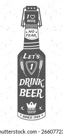 Beer bottle with a cork. Vector illustration in retro style with decorations, emblems and symbols on the theme of beer. Graphic elements for advertising pubs or printing.