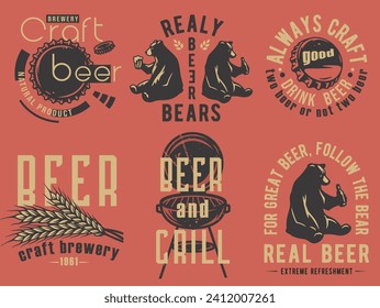 Beer bottle corks, barley and bear with mug of craft beer, grill emblems set