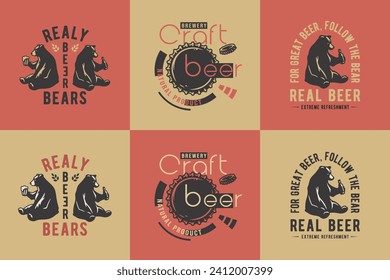 Beer bottle corks, barley and bear with mug of craft beer, grill emblems set