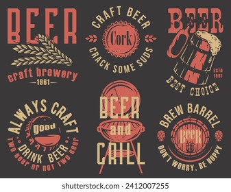 Beer bottle corks, barley and mug of craft beer, grill emblems set