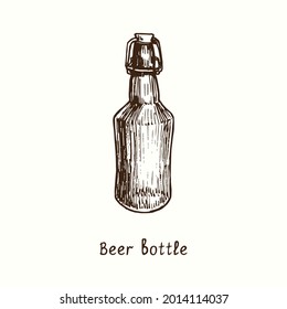 Beer bottle with cover on wire. Ink black and white doodle drawing in woodcut style.