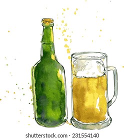 botella y taza de cerveza, dibujo por color de agua y tinta, ilustración vectorial dibujada a mano