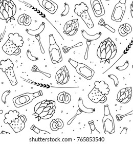 Beer bottle, cup with foam, sausages, opener, wheat, hop seamless pattern.Hand drawn vector black and white illustration.Cartoon doodle. Background, wallpaper.Colouring page. Web,print,fabric texture.