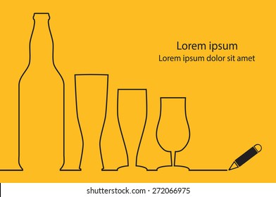 Beer bottle and different glasses line design vector.