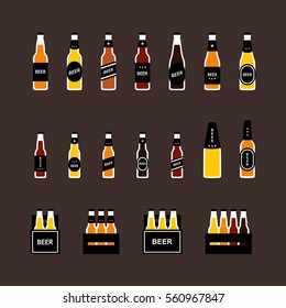 Beer bottle flat colored icon set, variety of beers