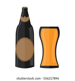 Beer bottle flat icon with glass