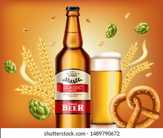 Beer bottle and fresh pretzel Vector realistic. Fresh drink product placement. Label design. 3d illustration