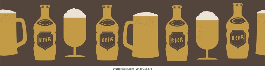 Beer bottle and frothy beer glass seamless vector border background. Hand-drawn alcoholic drinks bottles and mugs linear banner in brown amber gold for bar, business. Retro style with hand-lettering.