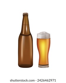 Botella de cerveza y vaso lleno, vector