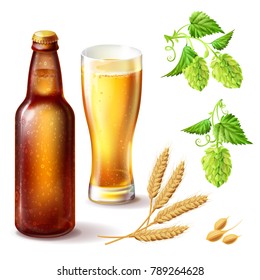 Beer bottle with gas bubbles of brown amber glass with a full glass, wheat sprigs and hop flowers in a realistic style on a white background.