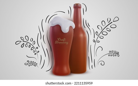 Beer bottle and glass in 3d realistic style with funny doodle hand drawn elements. Creative cartoon design composition in modern style. Template for banner, cover, poster. Vector illustration.
