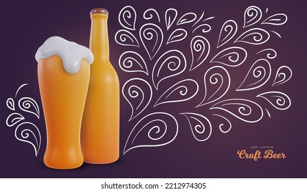 Beer bottle and glass in 3d realistic style with funny doodle hand drawn elements. Creative cartoon design composition in modern style. Template for banner, cover, poster. Vector illustration.
