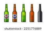 Beer bottle glass 3d set vector green brown black mockup graphic isolated illustration, blank cold lemonade or alcohol drink mock up, lager and ipa package sticker label clip art