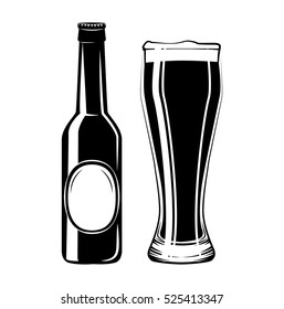 Botella De Cerveza Y Vidrio. Elementos vectoriales de bebida alcohólica. Aislado En Fondo Blanco.