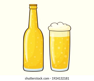 Beer bottle and glass in cartoon style. Vector illustration of a glass of beer with foam
