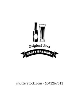 Beer Bottle And Glass. Craft Beer and Original Beer lettering, Ribbon. Vector illustration. Menu design.