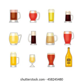 Beer bottle, glass and different types of beer label