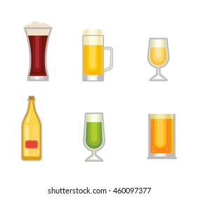 Beer bottle, glass and different types of beer label
