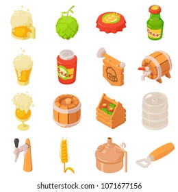 Beer bottle glass drink label icons set. Isometric illustration of 16 beer bottle glass drink label vector icons for web