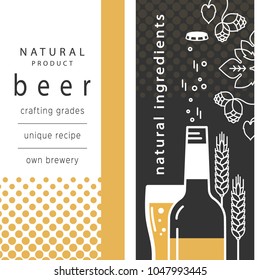 Beer bottle and a glass with a drink. Vector linear icons with traditional ingredients of brewing. Hops, wheat. Illustration for the brewery, restaurant, pub, menu, label, brochure, booklet. 