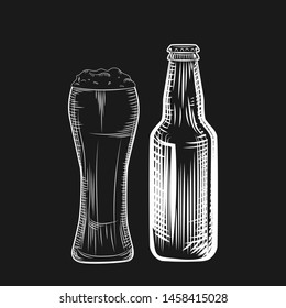 Beer bottle and glass. Engraving style. Freehand vector illustration isolated on black background.