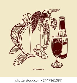 Cerveza, botella, copa de vidrio, barril, planta de lúpulo. Ilustración vectorial en estilo gráfico. Diseño de menús, tarjetas de vino y cerveza, etiquetas, Anuncios, folletos.