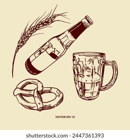 Beer, bottle, glass goblet, pretzel, wheat. Hand drawn vector illustration in graphic style. Menus, wine and beer cards, labels, banners, leaflets.