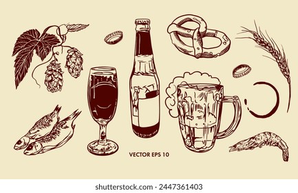 Cerveza, botella, vaso, lúpulo, camarón, pescado, pretzel, trigo. Ilustración vectorial en estilo gráfico. Menús, tarjetas de vino y cerveza, etiquetas, Anuncios, folletos.