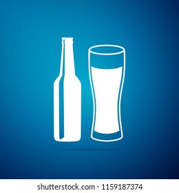 Beer bottle and glass icon isolated on blue background. Alcohol Drink symbol. Flat design. Vector Illustration