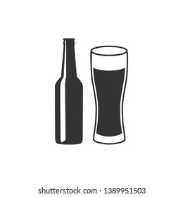 Beer bottle and glass icon isolated. Alcohol Drink symbol. Flat design. Vector Illustration