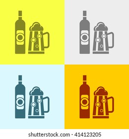 Beer Bottle & Glass Icon on Four Different Backgrounds. Eps-10.