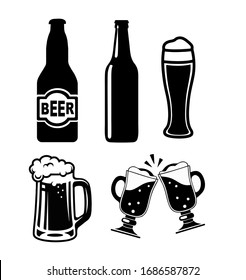 Beer bottle and glass icons set vector illustration black and white