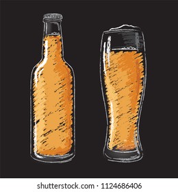 Beer bottle and glass isolated icons set. Vector illustration