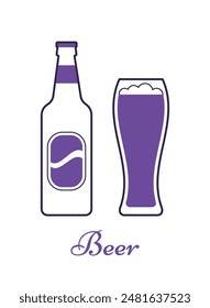 Beer bottle and glass isolated on white background.. Linear icons beverages in flat design. Outline violet alcoholic drinks with wineglasses Thin line objects. Vector illustration.