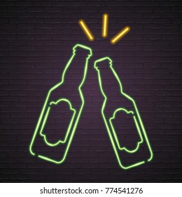 Beer Bottle Glass Neon Light Glowing Red, Green, Yellow Colour Bright Illustration Design Light Sign