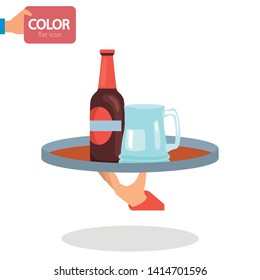 Beer bottle and glass on the tray color vector icon. Flat design