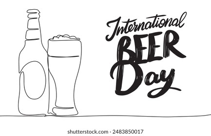 Beer bottle and glass one line continuous. International Beer Day. Hand drawn vector art