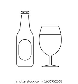 Beer Bottle With Glass Outline Icon. Alcohol Drink Silhouette. Vector Illustration.