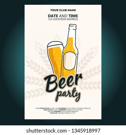 Beer Bottle And Glass Of Beer. Beer Party Poster Or Flyer Template. Vector Illustration For Web, Poster, Invitation To Party.